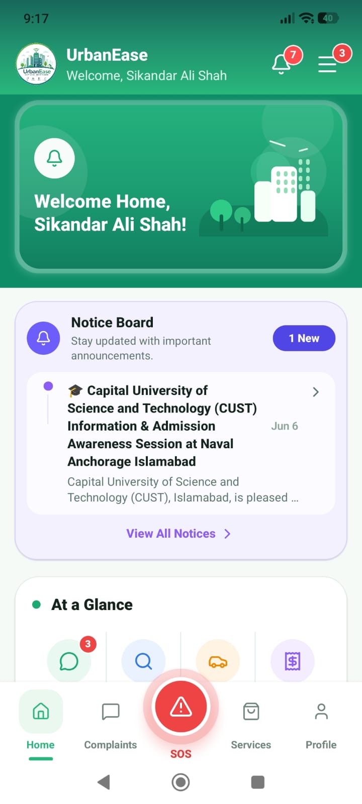 UrbanEase resident home screen